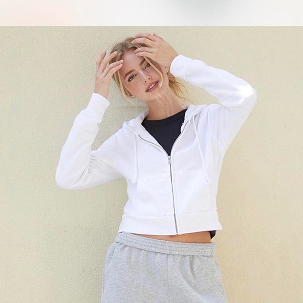 Brandy Melville John Galt Perfect White Cropped Zip-Up Hoodie